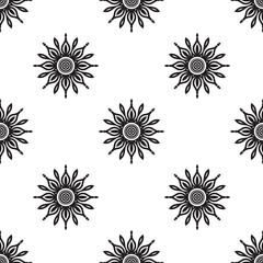 Fototapeta na wymiar Simple mandala Black and white Seamless Pattern. Seamless Abstract Tribal Monochrome Pattern. Hand Drawn Ethnic Texture. Vector Illustration.