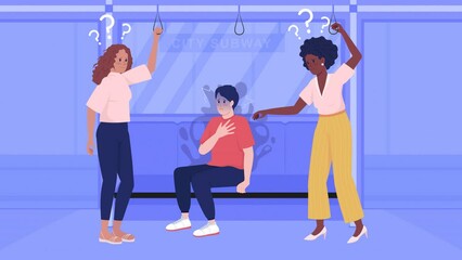 Animated health issue illustration. Panic attack on public transport. Sudden anxiety. Looped flat color 2D cartoon characters animation with subway on background. HD video with alpha channel