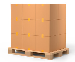 Set of wooden pallet for warehouse cargo storage with cardboard boxes on white