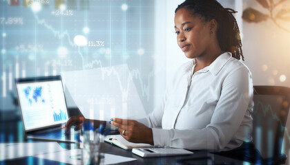 Business, data and black woman in office with overlay, digital information for financial growth report. Technology, web and woman at desk with stock market documents and future online trade review.