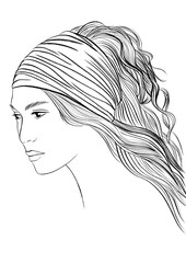 Asian girl with headscarf outline fashion illustration