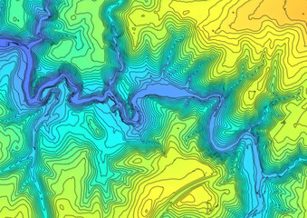 Concept de fond - Hydrographie - Vue aérienne des méandres d'une rivière en territoire montagneux - Rendu 2d modèle numérique de terrain avec courbes de niveau