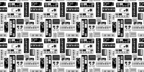 Vector music illustration with synthesizer, speaker and mixer on white color background. Flat line art design of seamless pattern with electric synthesizer