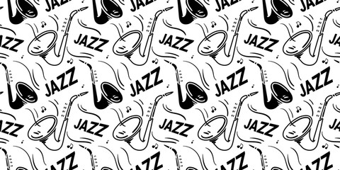 Vector jazz music illustration with saxophone on white color background. Flat line art design of seamless pattern with saxophone and word