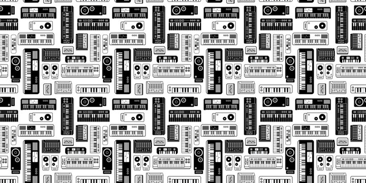 Vector music illustration with synthesizer, speaker and mixer on white color background. Flat line art design of seamless pattern with electric synthesizer