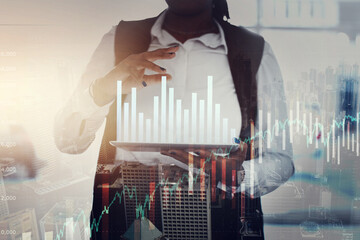Tablet, overlay and hands trading on stock market chart for financial investment increase or money growth. Hologram, futuristic and woman with graphs, analytics or data analysis on forex ai website.