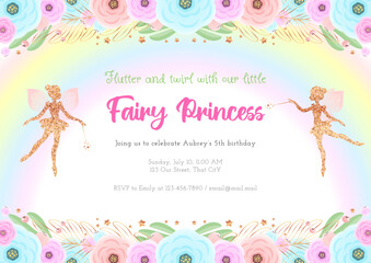Fairy birthday party invitation template. Gold sparkling silhouette of a cute little pixie on a beautiful floral background with a rainbow. Vector illustration 10 EPS.