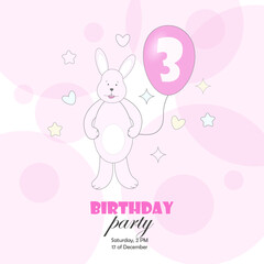 A postcard, an invitation to a birthday party with a pink bunny and a balloon with the number 3. Vector illustration