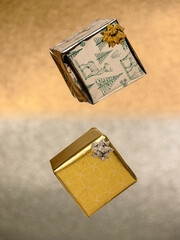 gift set, gifts in the air, gold and silver color