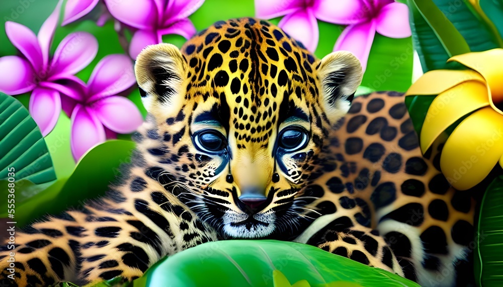 Wall mural Сute baby Leopard peeking out in hawaii jungle with plumeria flowers. Amazing tropical floral pattern