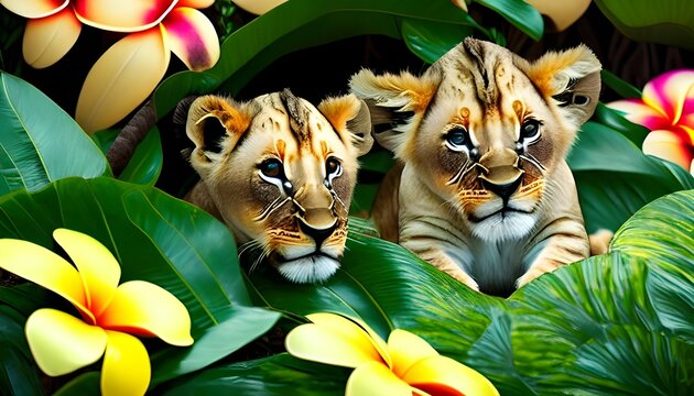 Сute baby Lion peeking out in Hawaii jungle with plumeria flowers. Amazing tropical floral pattern. © Divyesh
