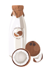 Vegetable, pLant coconut milk in glass bottle with strap, coconut veggie drink. Dairy free, lactose free product. Vector illustration, print, emblem, packaging.