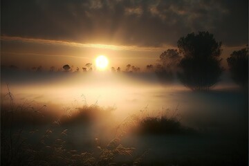 Fototapeta na wymiar Sunrise through the clouds. Fog creeps across the meadow. Generative AI