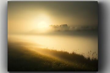 Sunrise through the clouds. Fog creeps across the meadow. Generative AI