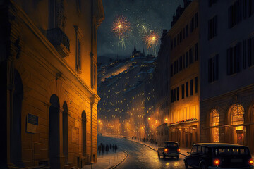 Fototapeta na wymiar New Year's Eve with colorful fireworks on the city streets