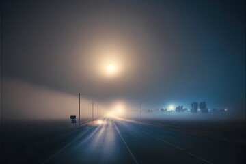 view of the empty highway through the fields in a fog at night. Moonlight, clear sky. Sunrise. Europe. Transportation, logistics, travel, road trip, freedom, driving. Rural scene. Generative AI