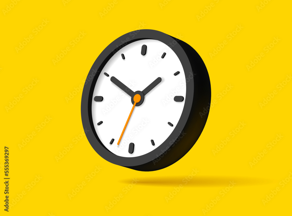 Aufkleber clock icon in flat style, black 3d timer on yellow background. business watch. volume vector design 