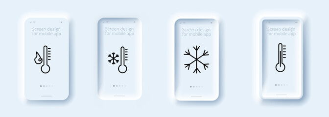 Temperature control icons set. Heat, cold, snowflake, snow, thermometer, climate, fresh air, ecology. Temperature control concept. Neomorphism style. Vector line icon for business