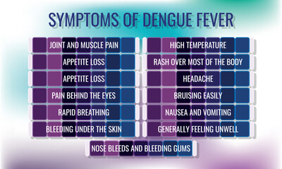 symptoms of Dengue fever. Vector illustration for medical journal or brochure.
