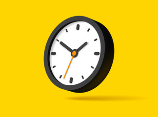 Clock icon in flat style, black 3d timer on yellow background. Business watch. Volume vector design element for you project - 555369297