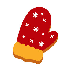 cute gingerbread Christmas sticker like a red glove, Christmas tree in the snow, Christmas gingerbread cookies, vector illustration, 