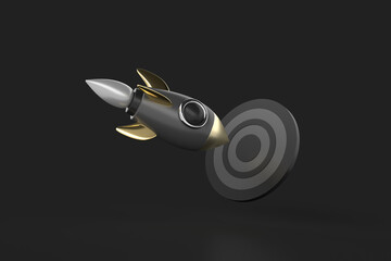 A rocket targeting to hit a Bullseye or dartboard on dark background. Financial and business goal and strategy concept. 3D rendering isolated with clipping path.