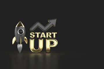 Golden and black rocket launching with text Start Up and growing trend on a dark background. Business startup and goal concept. 3D rendering isolated with clipping path.