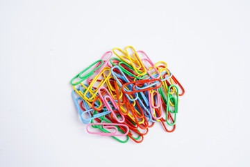 Paper clips colorful isolated on white background, office equipment.