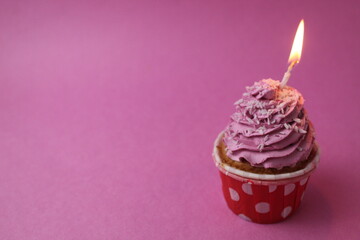 cake cupcake basket with a cap of cream pink lilac with a burned candle. Anniversary 1 year holiday birthday with space for text pink background