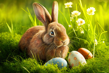 Easter bunny with easter eggs, pretty countryside, grass, flowers, sunshine background, generative ai illustration.