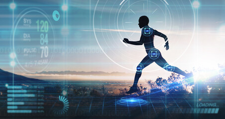 Hologram, athlete and running for wellness, exercise for healthy lifestyle and track heart rate....