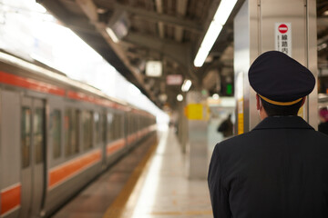 日本の駅の係員と電車駅の風景