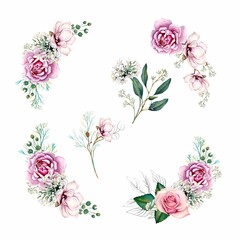 Watercolor floral wreath, frame,with green leaves, pink flowers. For wedding invitations, wallpapers, fashion. Rose, magnolia, green leaves, agapanthus. Illustrations on a white background