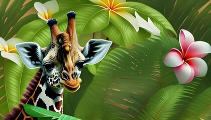 Сute baby Giraffe peeking out in hawaii jungle with plumeria flowers. Amazing tropical floral pattern.