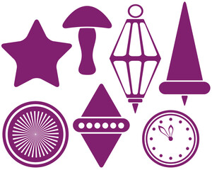 Christmas decorations isolated on white background vector illustration set. Bell, star, clock, mushroom, icicle, searchlight, whirligig