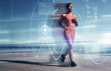 Exercise, fitness and black woman running with futuristic hologram, overlay or double exposure for...