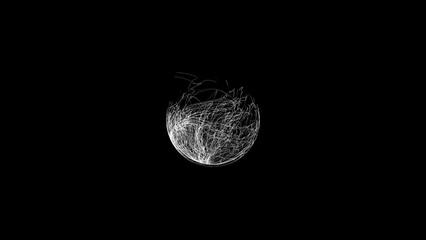 Ball of wriggling energy filaments. Abstract geometric composition from chaotic dots and lines are placed in the sphere on black background. Science concept. 3D render