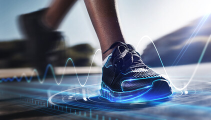 Hologram, shoes and sports for fitness, run and speed for health tracking outdoor. Future, sneakers and graphics for workout, exercise and balance for routine, training for marathon and wellness. - obrazy, fototapety, plakaty