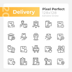 Delivery pixel perfect linear icons set. Shipping services. Parcel transfer. Customizable thin line symbols. Isolated vector outline illustrations. Editable stroke. Montserrat Bold, Light fonts used