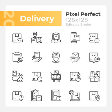 Delivery pixel perfect linear icons set. Shipping services. Parcel transfer. Customizable thin line symbols. Isolated vector outline illustrations. Editable stroke. Montserrat Bold, Light fonts used