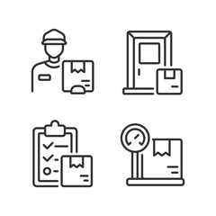 Courier service pixel perfect linear icons set. Delivery planning. Parcels shipment. Door to door transportation. Customizable thin line symbols. Isolated vector outline illustrations. Editable stroke