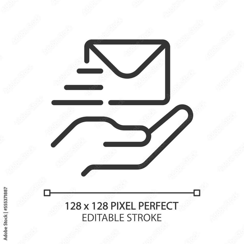 Poster send letter pixel perfect linear icon. delivery service. written communication. receiver address. th