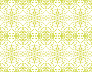 Wallpaper in the style of Baroque. Seamless vector background. White and yellow floral ornament. Graphic pattern for fabric, wallpaper, packaging. Ornate Damask flower ornament