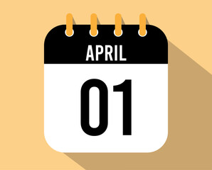 1 April calendar icon. Vector black for the month of April with shadow effect