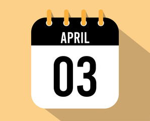 3 April calendar icon. Vector black for the month of April with shadow effect