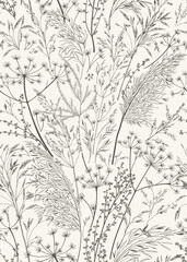 Dry grass seamless pattern. Black and White tones. Vector botanical illustration. Herbal background for wallpaper. Reeds, pampas grass, dried grass. Vertical ornament. Sketch.