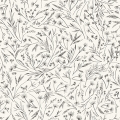 Thousand wild grass seamless pattern. Black and White. Vector  illustration. Botanical background for wallpaper. Reeds, pampas grass, dried grass. Sketch.