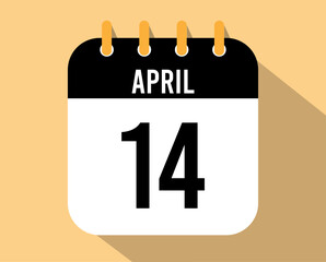 14 April calendar icon. Vector black for the month of April with shadow effect