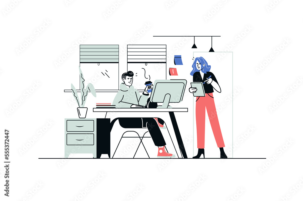 Poster workflow in office concept in flat line design. man and woman working together, discuss tasks, makin