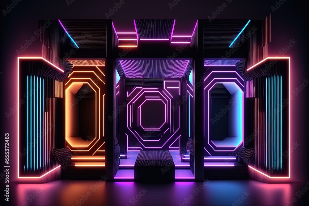 Poster abstract geometric glow neon background, technological banner; future concept; empty exhibition scen